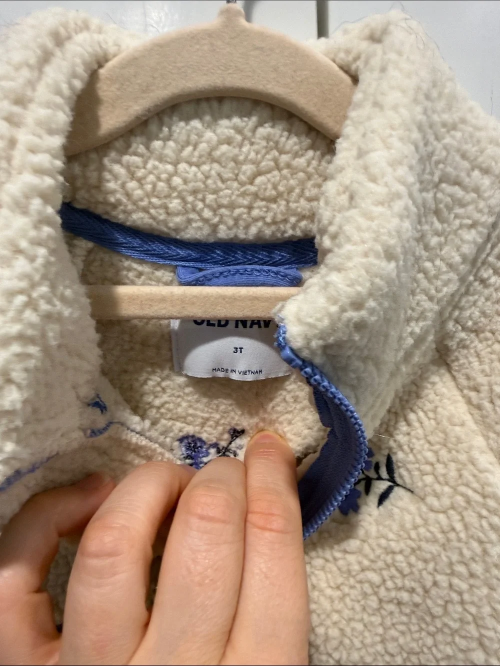 Girls Cream Sherpa Half-Zip Pullover with Blue Floral Embroidery